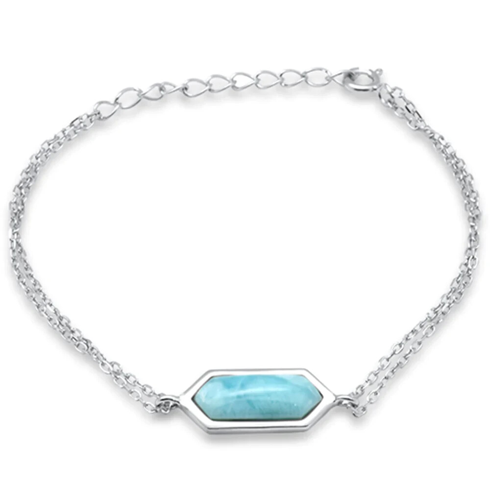 Crystal Shaped Natural Larimar .925 Sterling Silver Bracelet 5.5″ + 1.5″ Adjusta