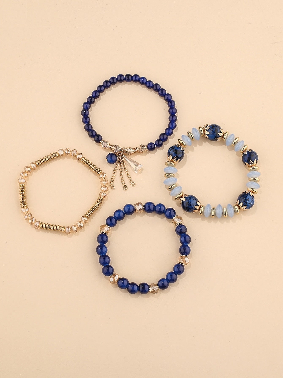 4pcs/Set Blue and Dold-tone Tassel Chain Charm Beaded Bracelet Jewelry Gift For