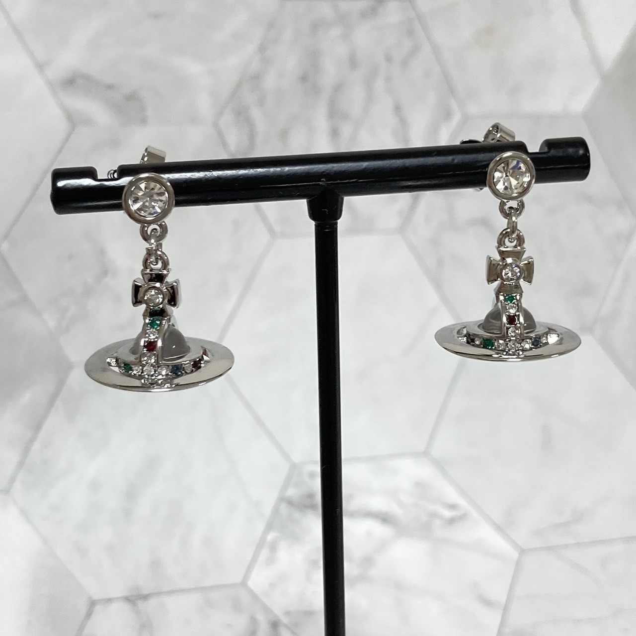 Vivienne Westwood Earrings Petite Orb Silver Clear Multi 2.5 x 1.4cm w/Pouch