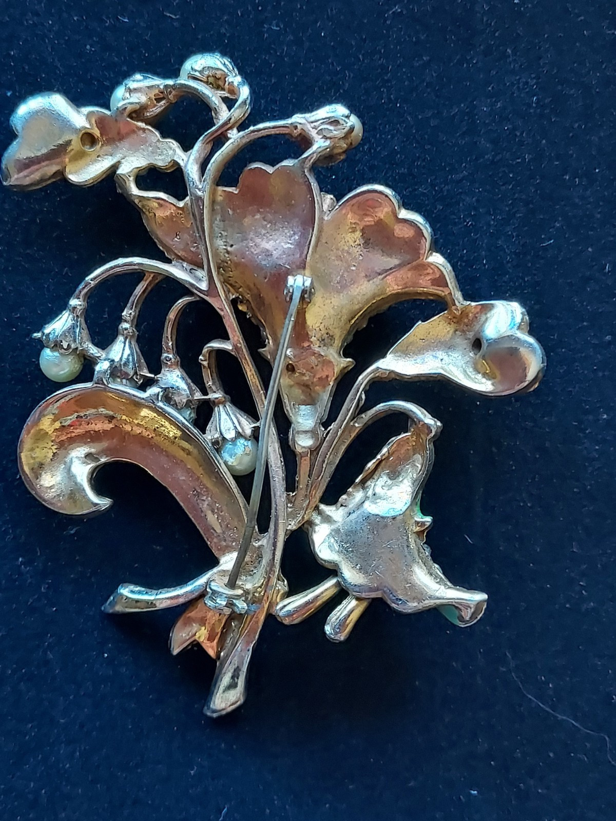 Vintage Blue Green Enamel Rhinestone Pearl Flower Brooch Pin “B” Boucher?