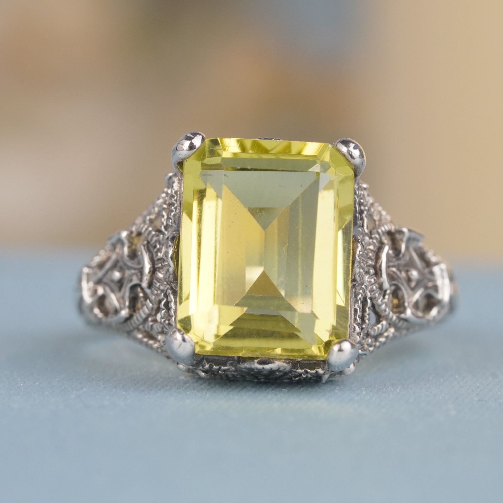Silver925 Natural Lemon Quartz Vintage Filigree Ring