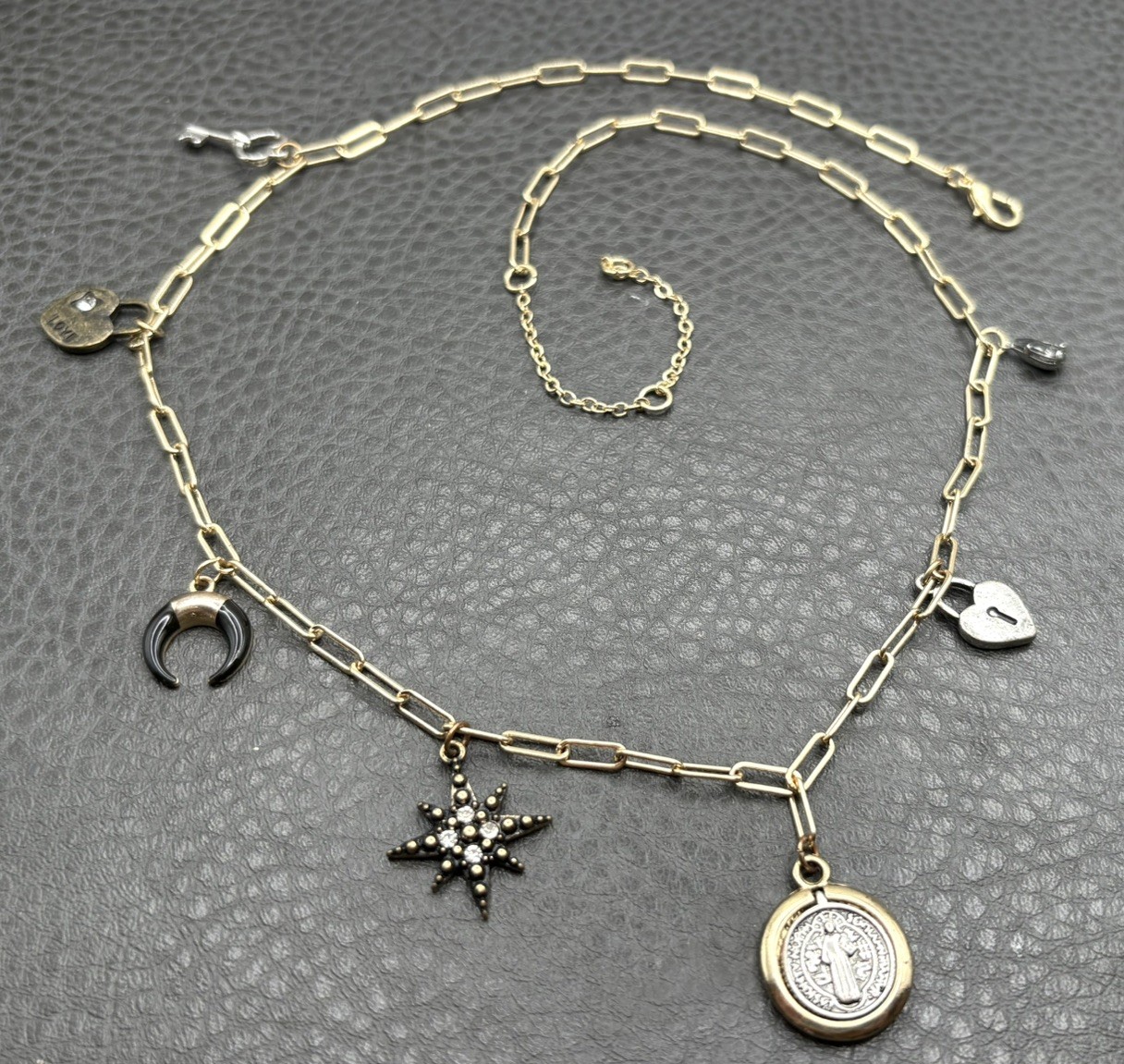 Saint Medal Celestial Moon Star Heart Lock Charm Necklace Catholic Pendant Chain