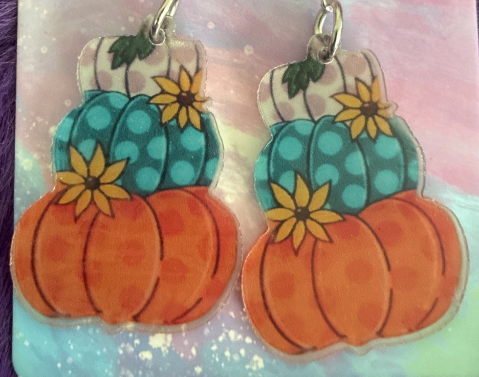 Autumn Acrylic Pumpkin Shaped Drop Style Earrings. Perfect For Halloween, Fall
