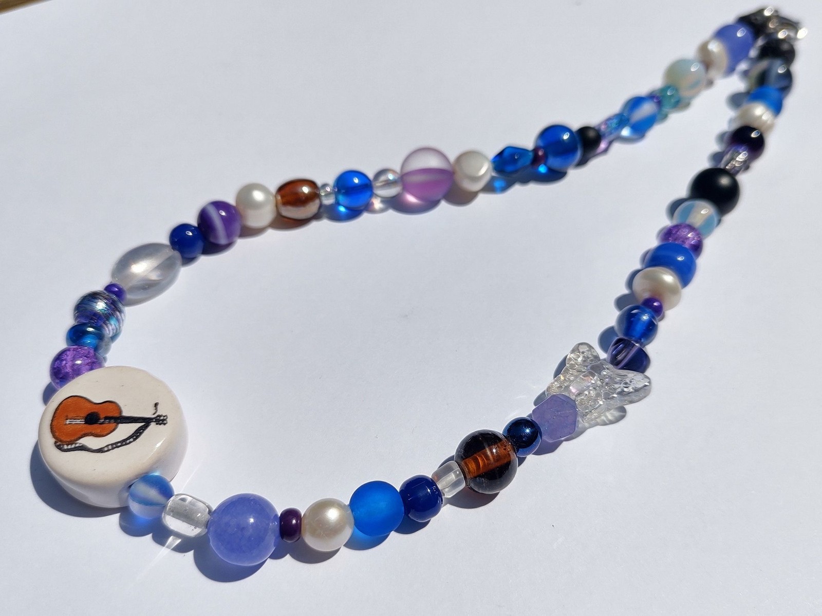 Blue and Purple Guitar Ceramic and Glass Bead Handmade Necklace