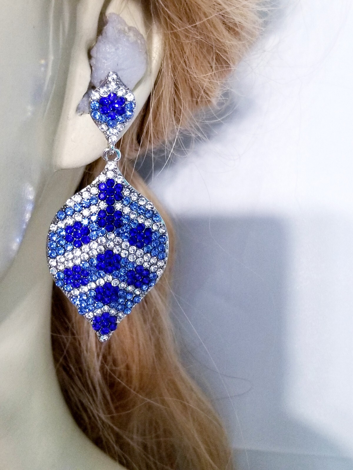 Chandelier Rhinestone Crystal Pageant Bridal Earrings Blue Drop Dangle 2.8 In