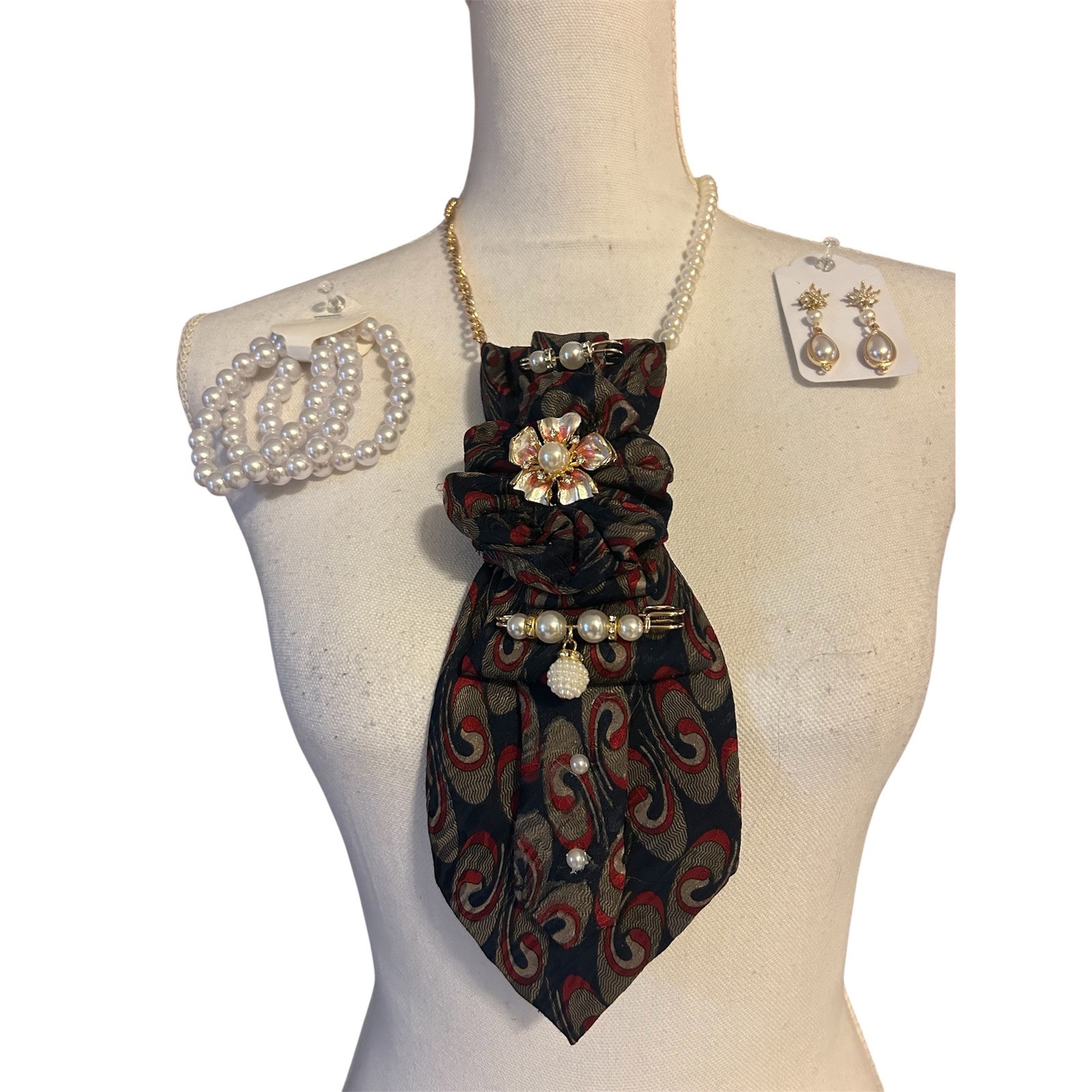 Geoffrey Beene Upcycled Paisley Tie Necklace Set Pearl Earrings & Bracelets