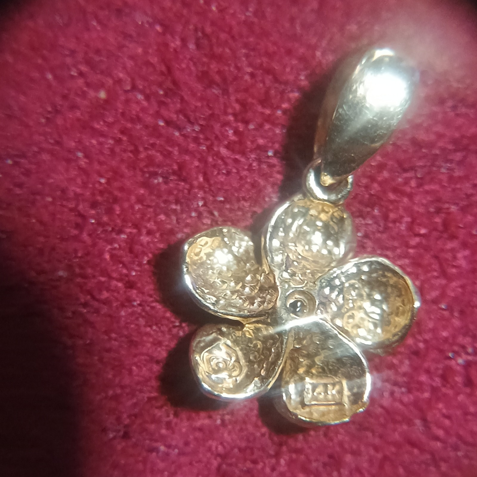 14K Yellow Gold Flower Charm Pendant w/ 1 Round White Diamond, Signed