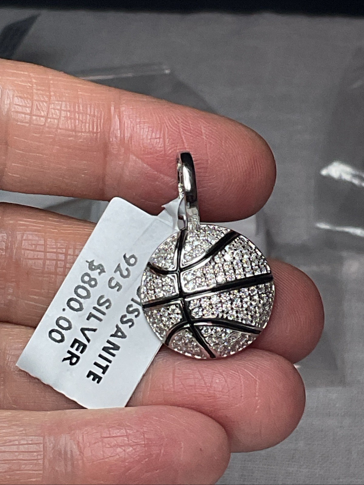 $800 Sterling Silver Moissanite Basketball Pendant 2.00ctw Sports Charm Necklace