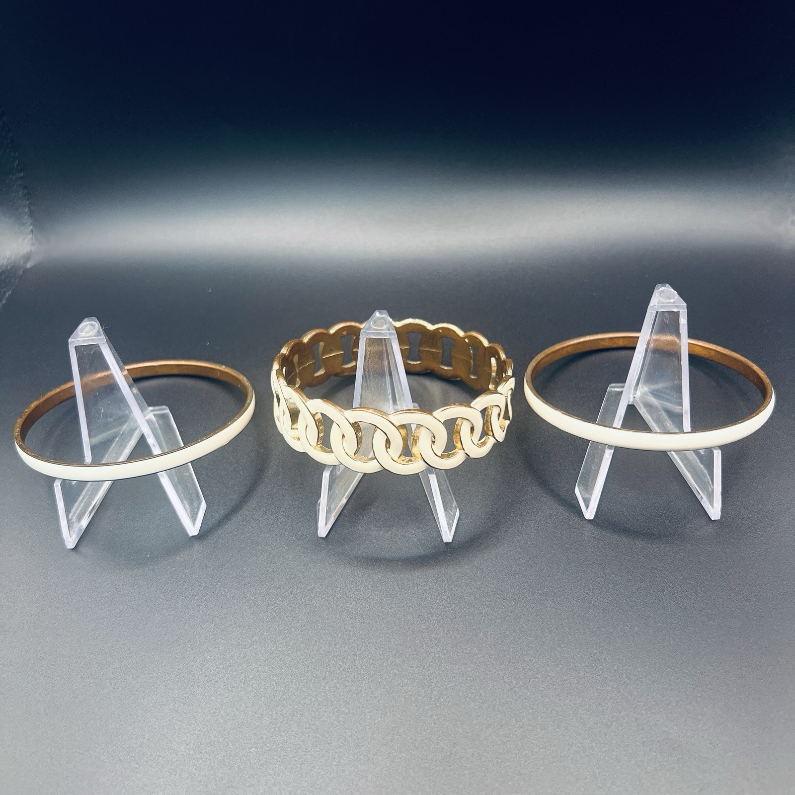 Vintage Gold Tone Cream Enamel Chain Link Bracelet 3 Piece Set 2.75in Diameter