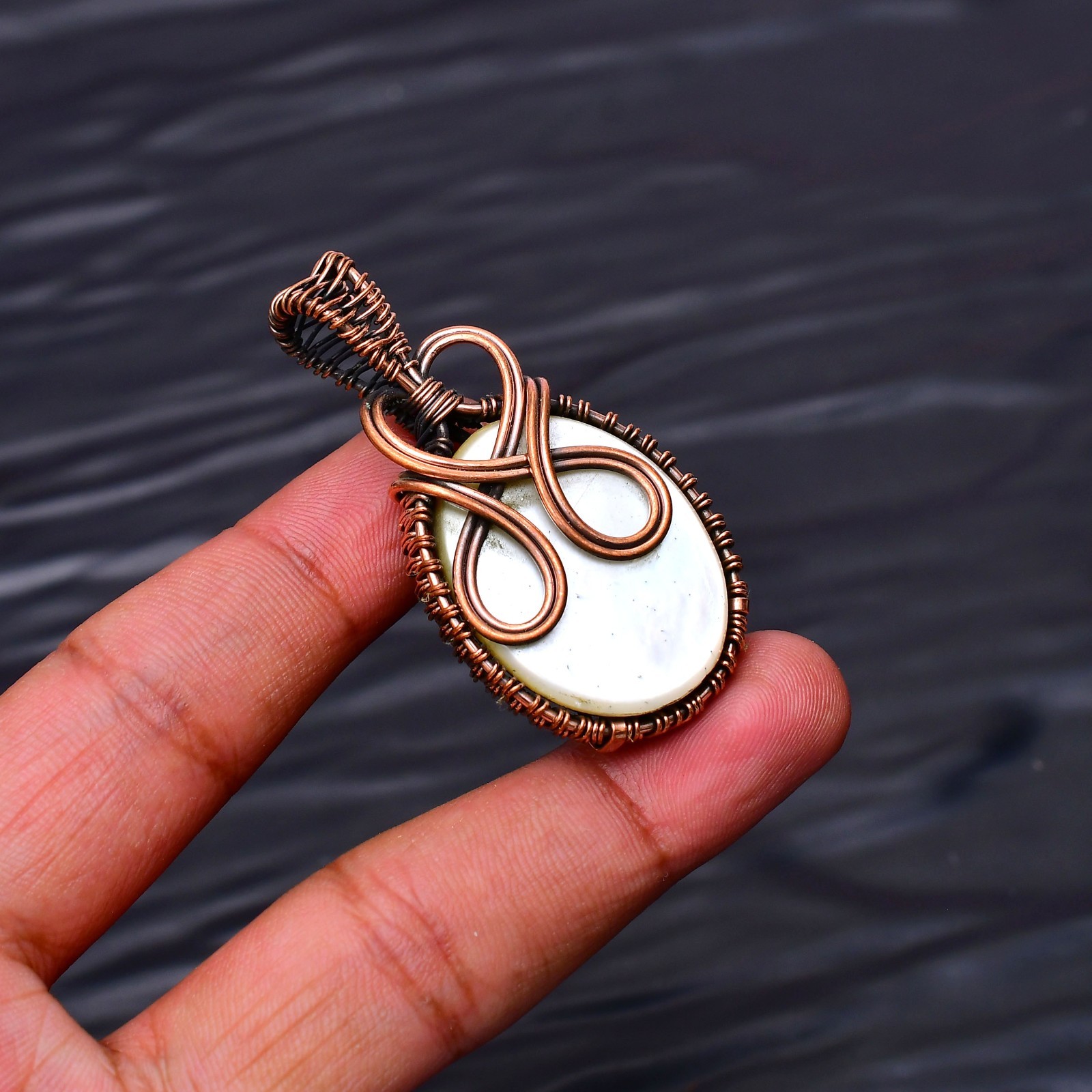 Mother of Pearl Gemstone Copper Wire Wrapped Handmade Jewelry Pendant 1.96″