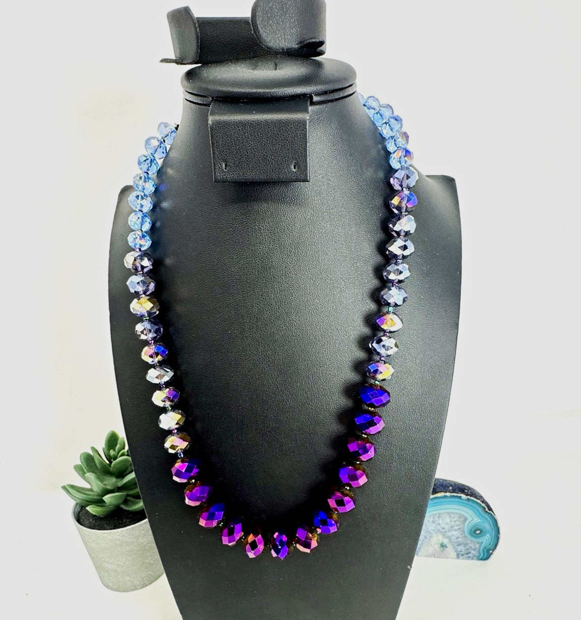 Iridescent Ombre Purple-Blue Crystal Bead Necklace 21”