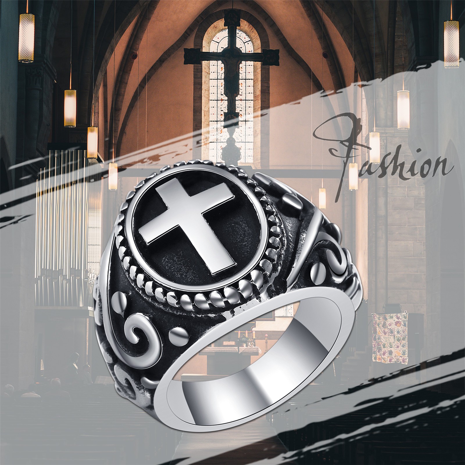 Mens Vintage Cast Christian Cross Faith Prayer Ring Band Stainless Steel #9-13