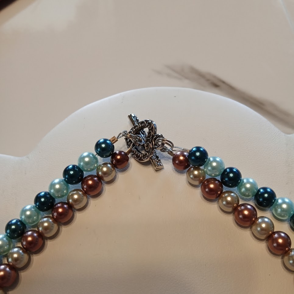 VTG 20″HONARA Double Strand Glass/Shell Pearls Teal Mauve Champagne Heart Toggle