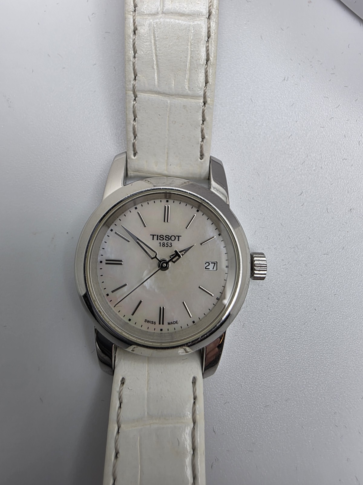 Tissot 1853 Women’s Swiss Quartz Dress Watch White Dial Date White Leather Strap
