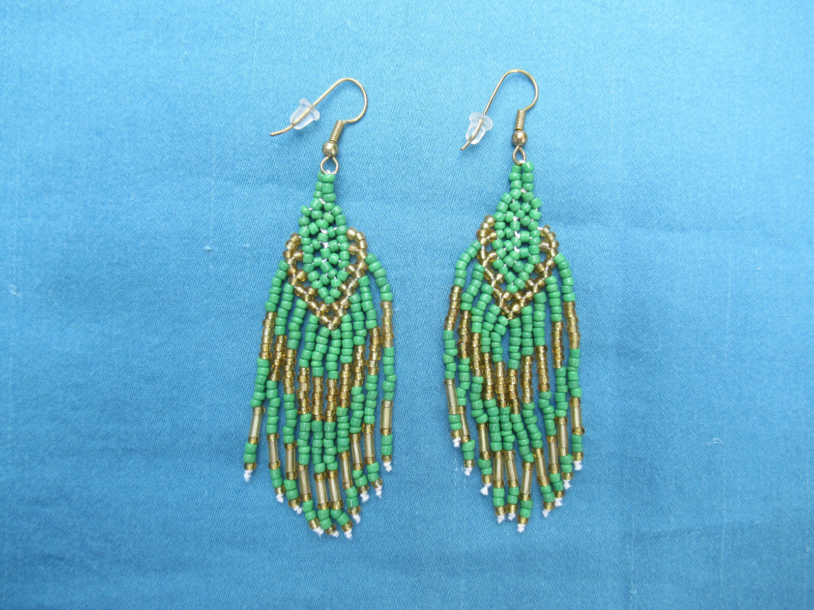 Dayak Borneo Sarawak Malaysia Green Gold Beaded Earrings Tribal French Hook