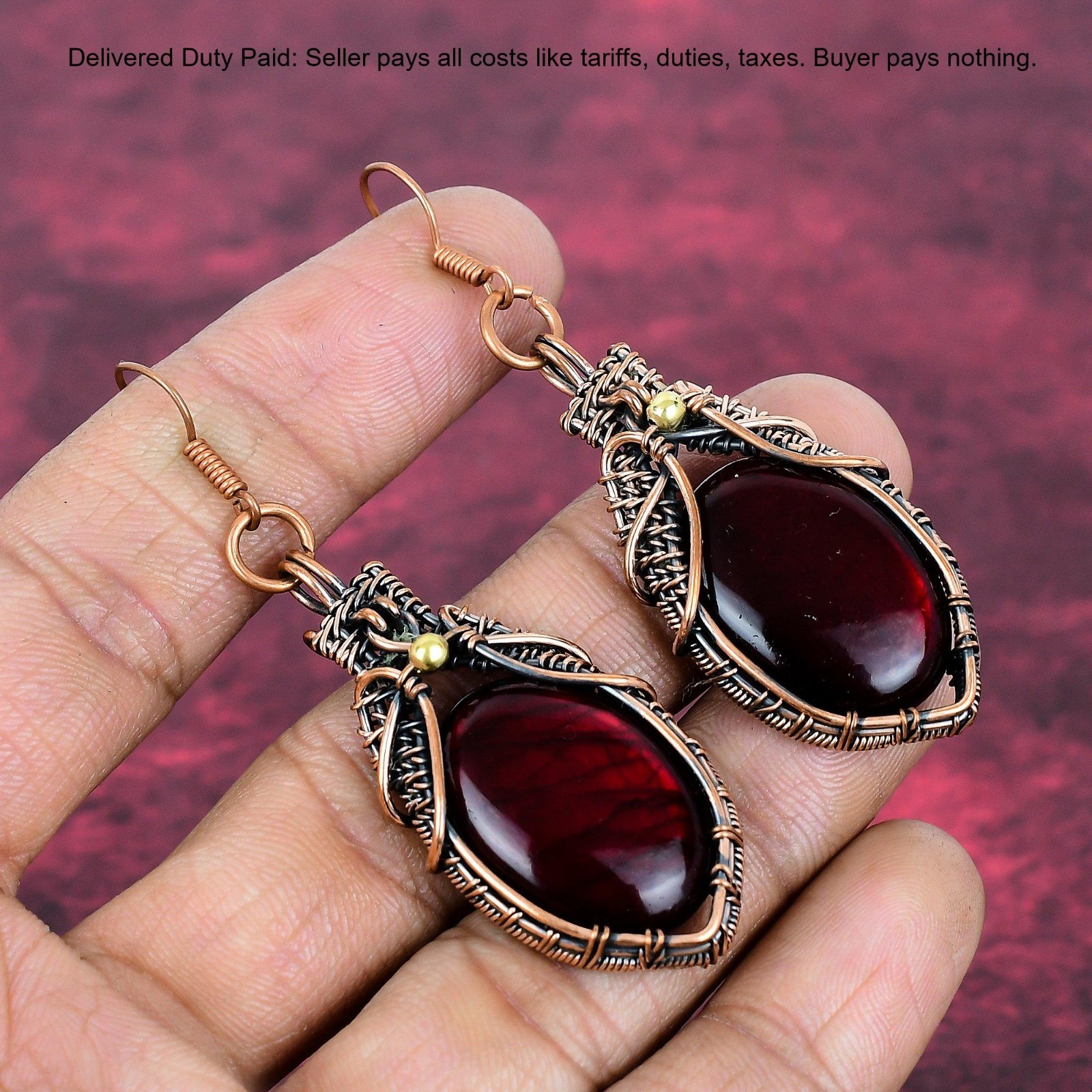 Copper Red Fire Labradorite Stone Dangle Drop Wedding Wire Wrapped Hook Earrings