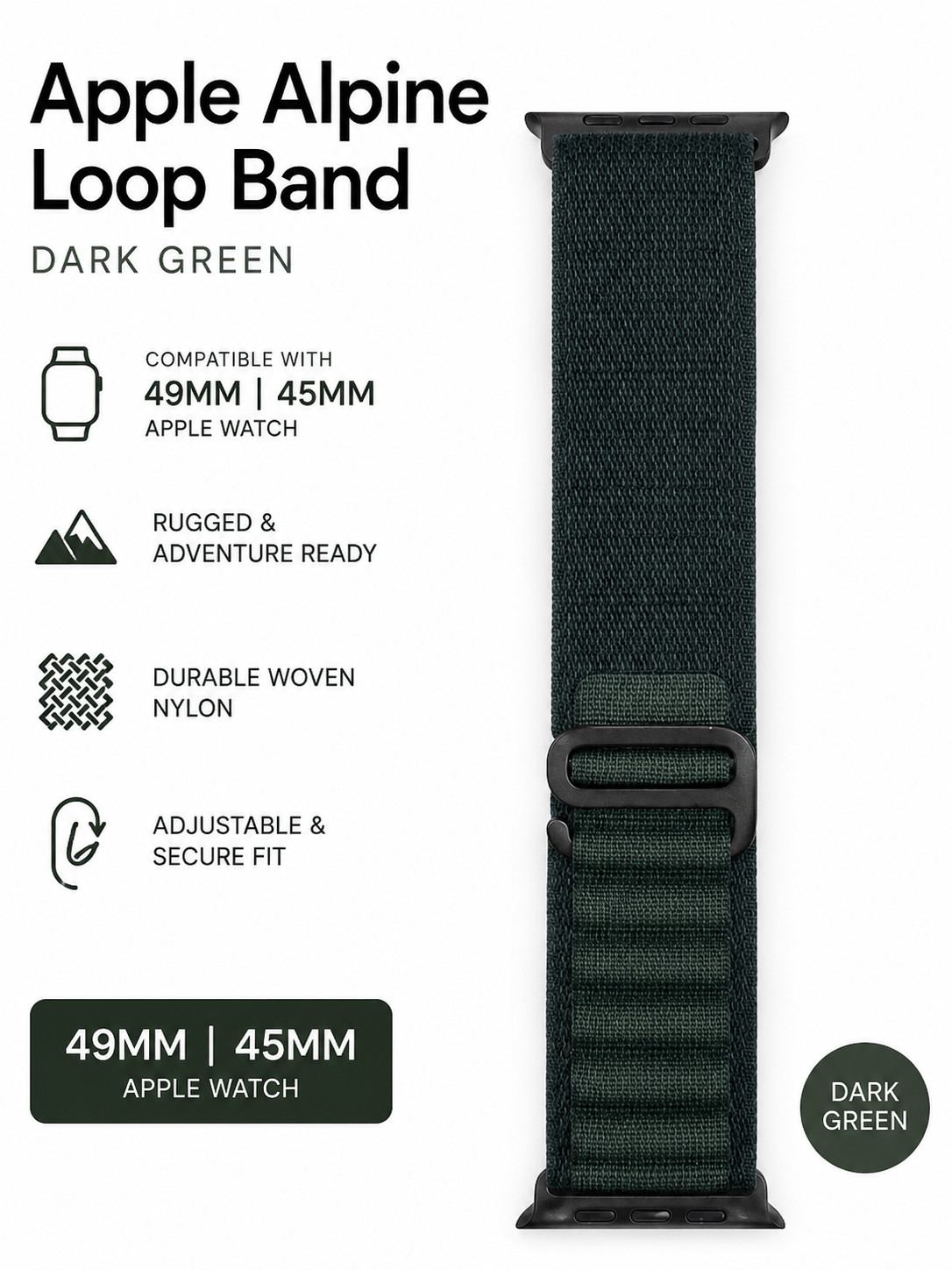 Genuine Apple Watch Band 49mm MED Alpine Loop Dark Green W/Black Titanium Finish