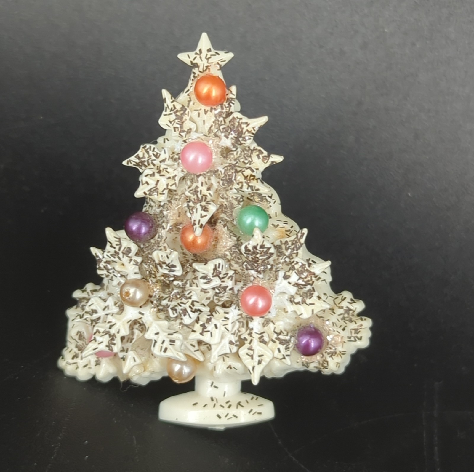 Vintage White Plastic Christmas Tree Pin Mica pink green MCM multi Ornaments