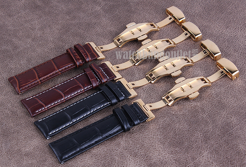 Black Genuine Leather Watch Band+Push Button Butterfly Deployant Clasp Buckle
