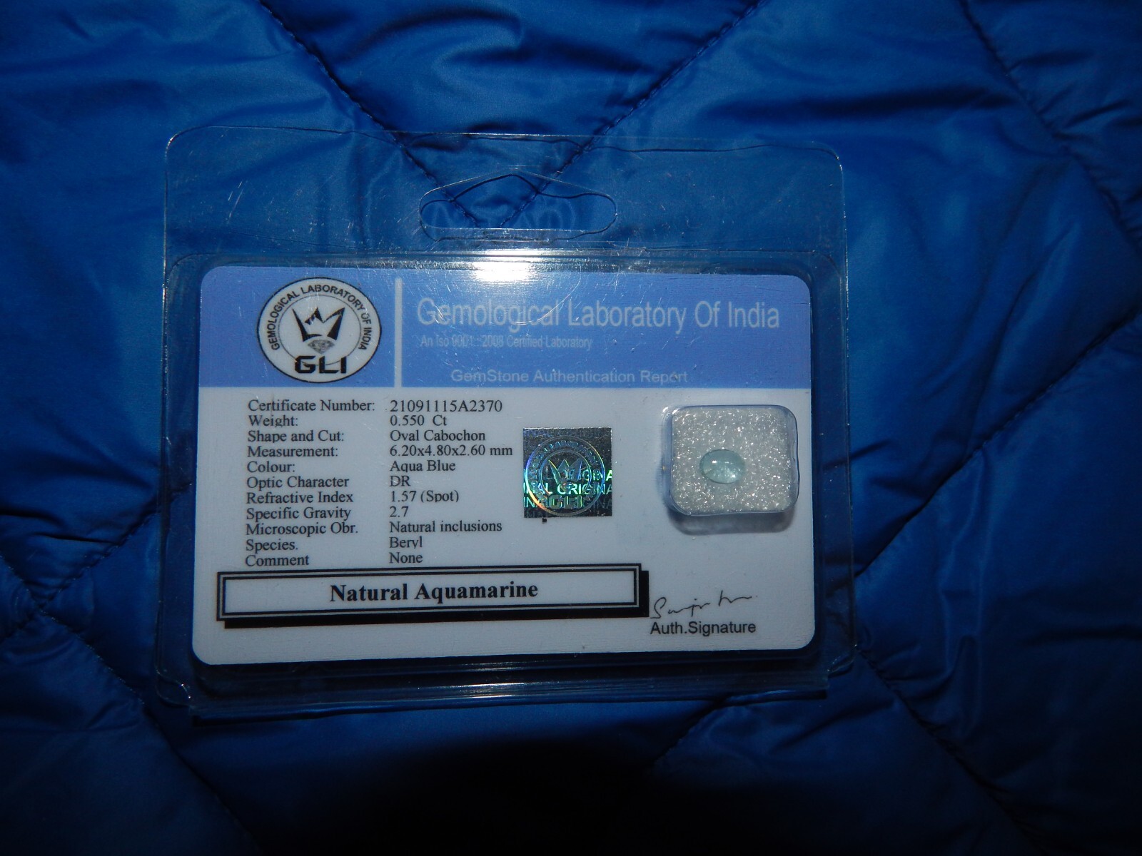 Gemological Laboratory of India (GLI) Certified Natural Aquamarine – Oval Caboch