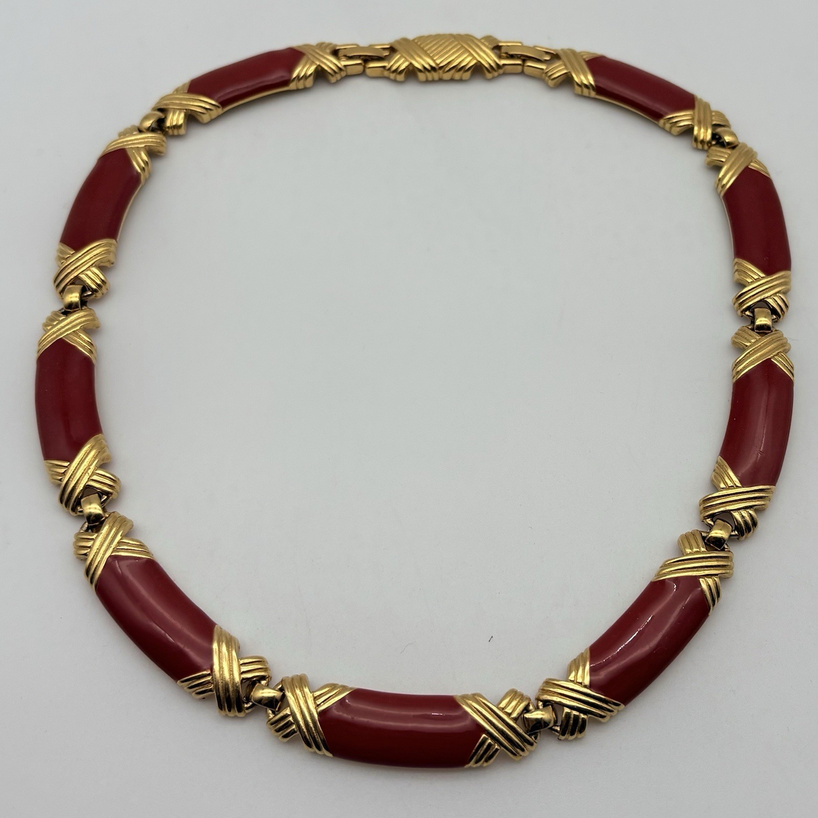 Monet Vintage Blood Orange Red Enamel & Gold Tone Choker Necklace 17 Inches