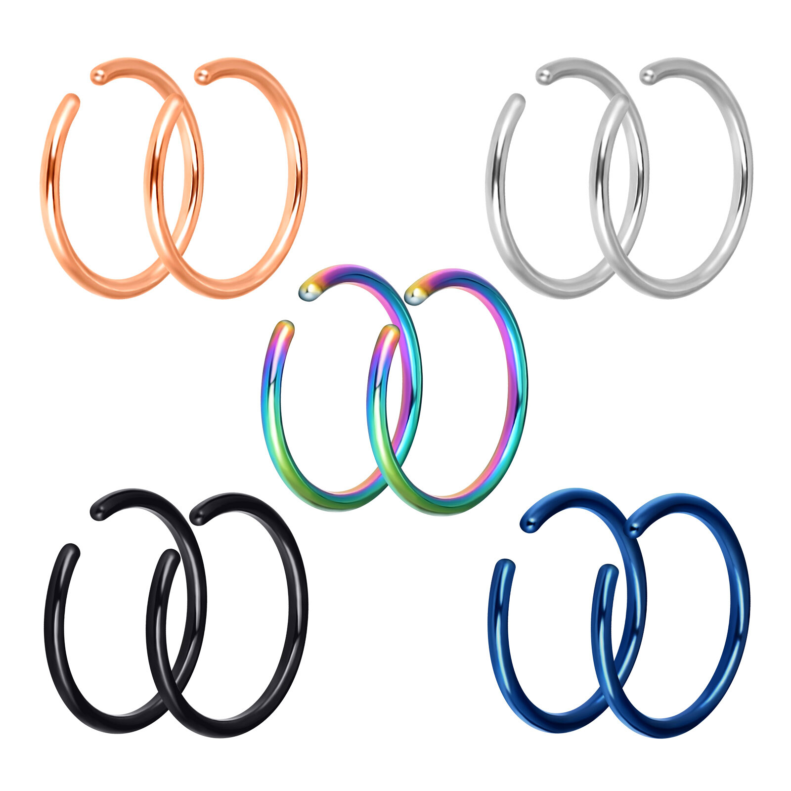 2 Pcs C-Shaped Nose Hoop Ring Lip Ear Stainless Steel Body Piercing Jewelry 20G