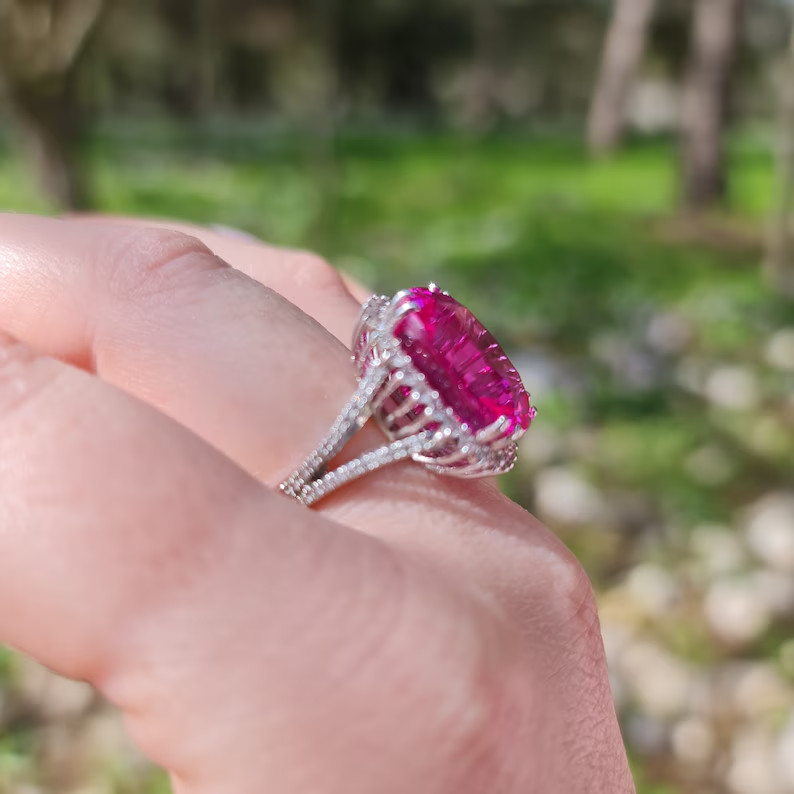 12.70 Ct Cushion Cut Natural Pink Sapphire Diamond Wedding Ring 14K White Gold