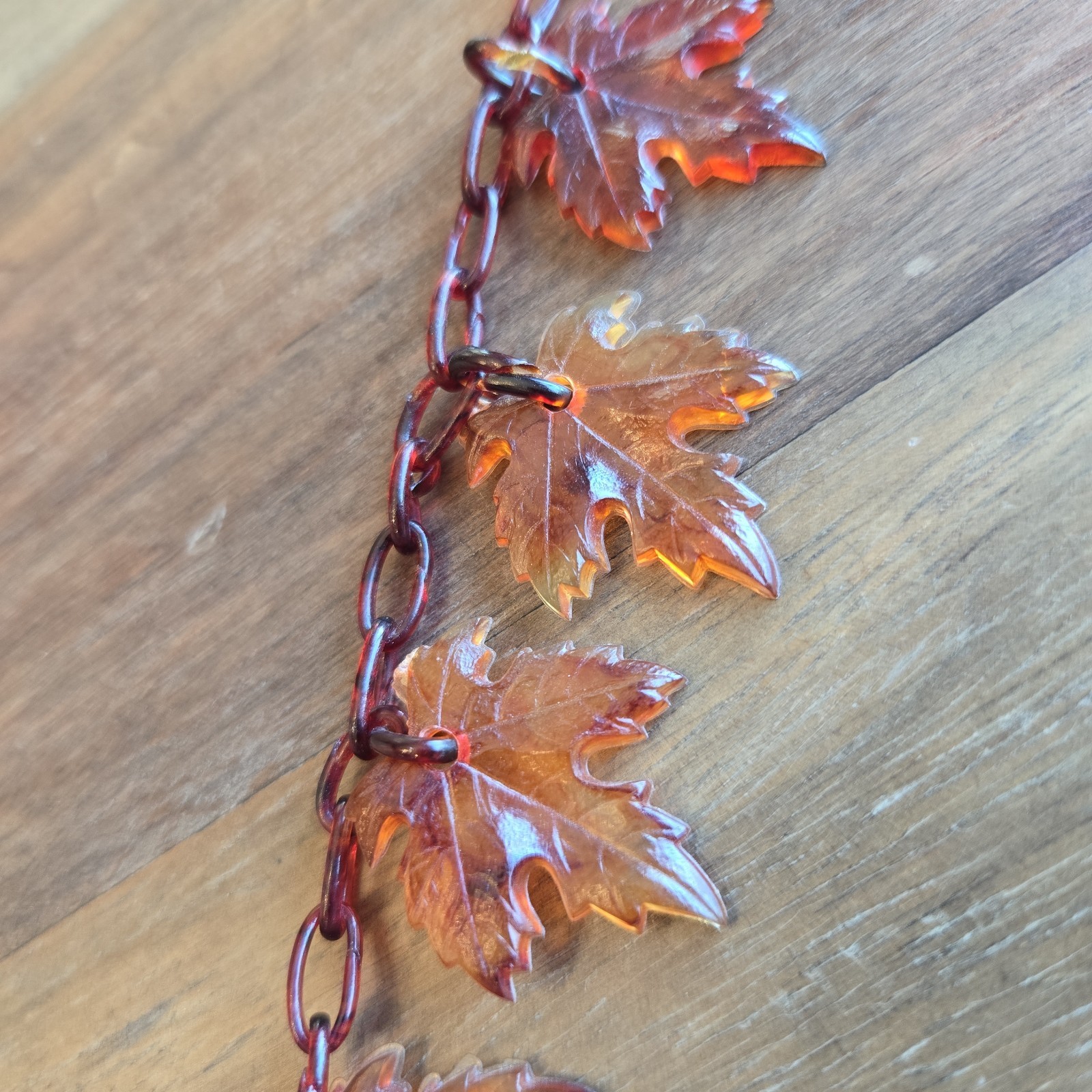 Vintage Translucent Celluloid Dangling Maple Leaves Necklace Brass Brown Marbled