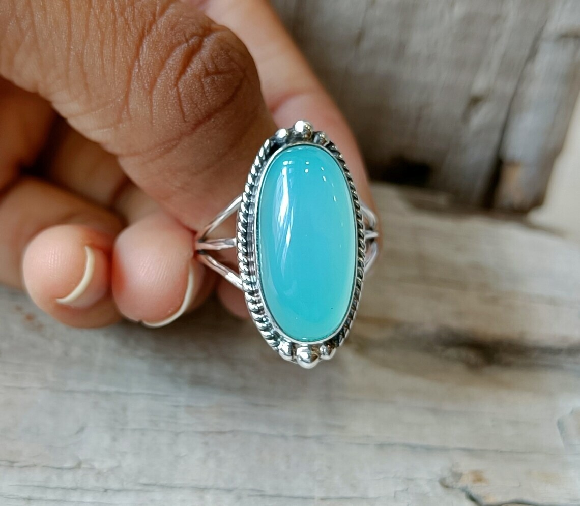 Lovely Blue Chalcedony Gemstone 925 Sterling Silver Handmade Ring All Size AC-40