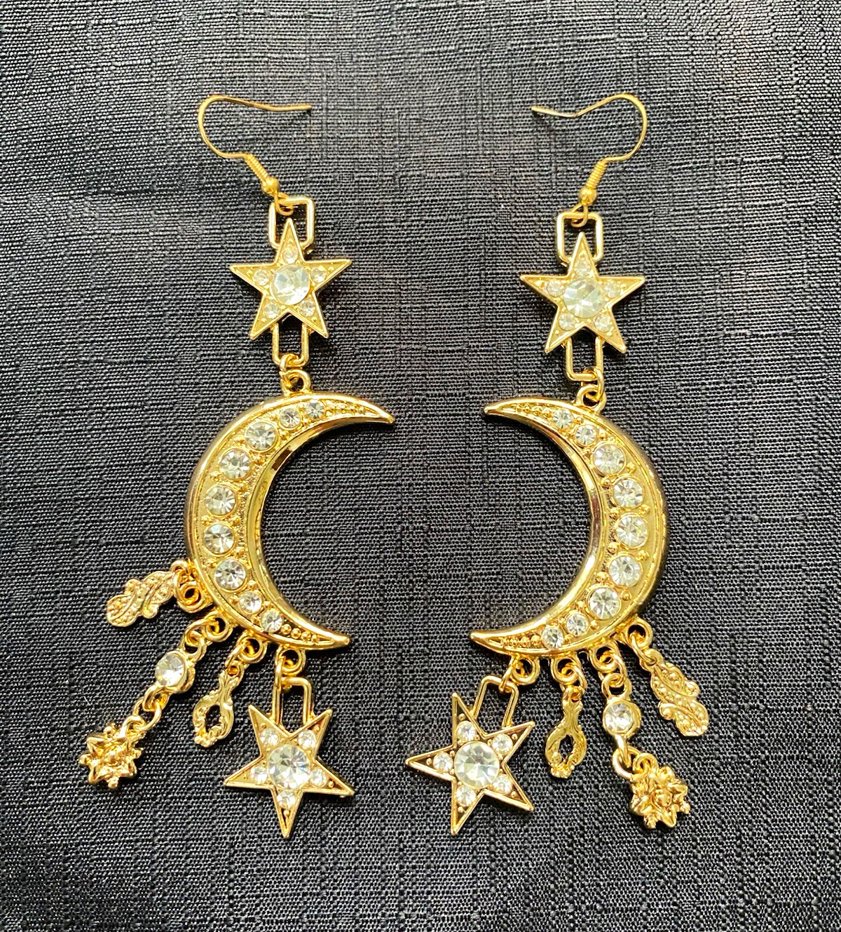 Gold Tone Celestial Moon Star Dangle Drop Earrings Crystal Rhinestone 3.75 in