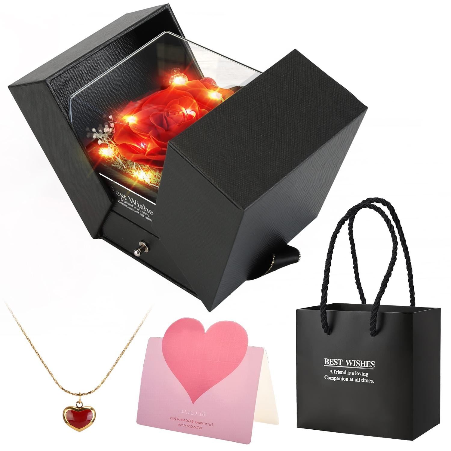 Preserved Red Real Rose w/ Heart Necklace Eternal Flowers w/ Golden