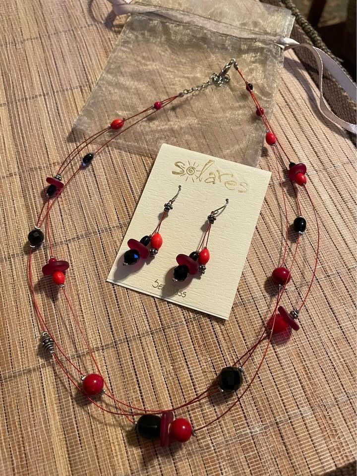 Solares Red Black Sea Glass Multi Strand Necklace Dangle Earrings Set NWT