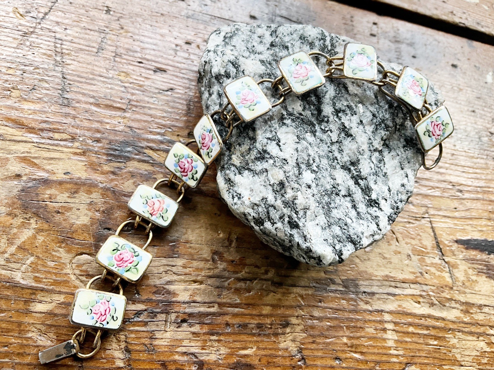 Vintage Bliss Brothers Co. Sterling Vermeil with Enamel PINK ROSES Bracelet