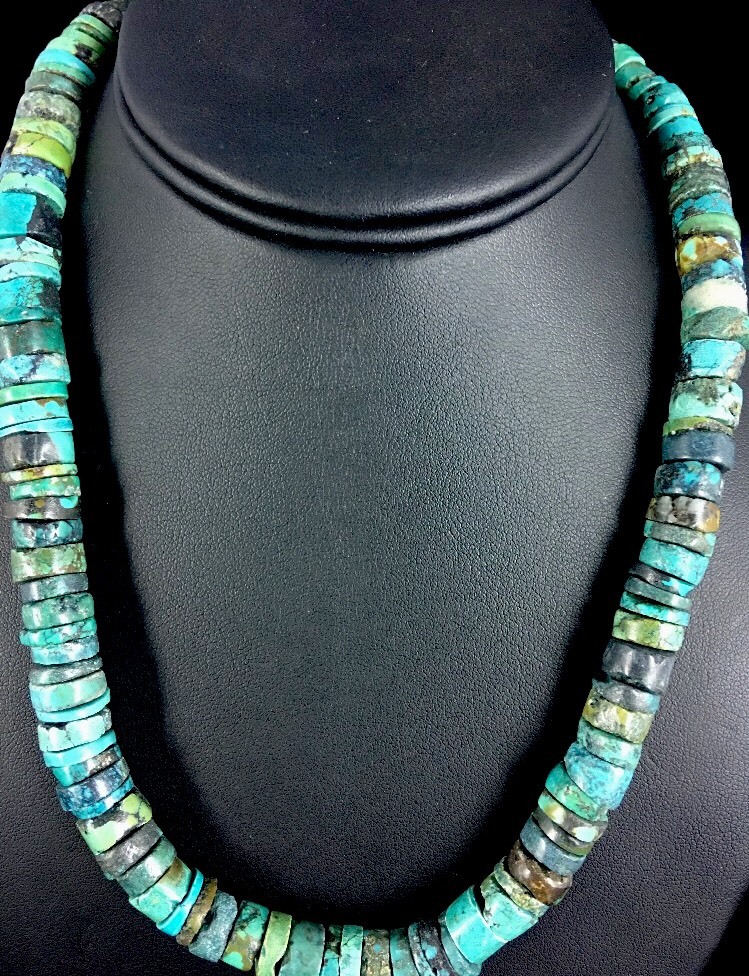 Blue Turquoise Bead 8mm Heishi Navajo Sterling Silver Necklace 20” 1135