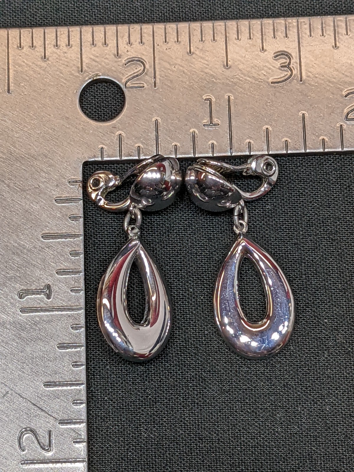 Vintage Monet Teardrop Earrings Dangle Clip On Polished Silver Tone Chrome Shiny