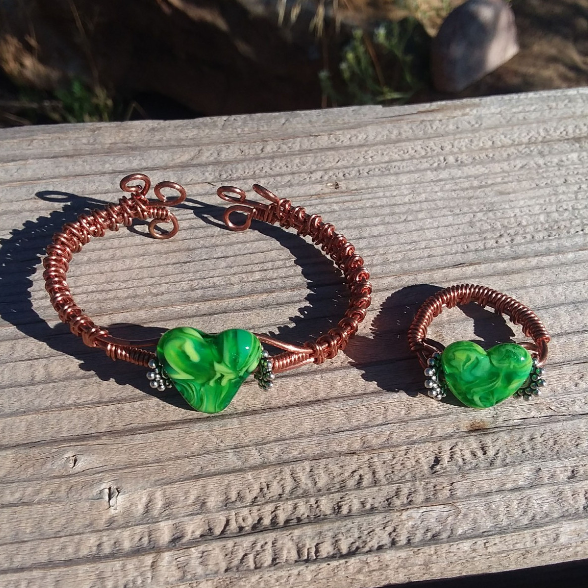 handmade glass lampwork bead, copper wire cuff bracelet and matching ring