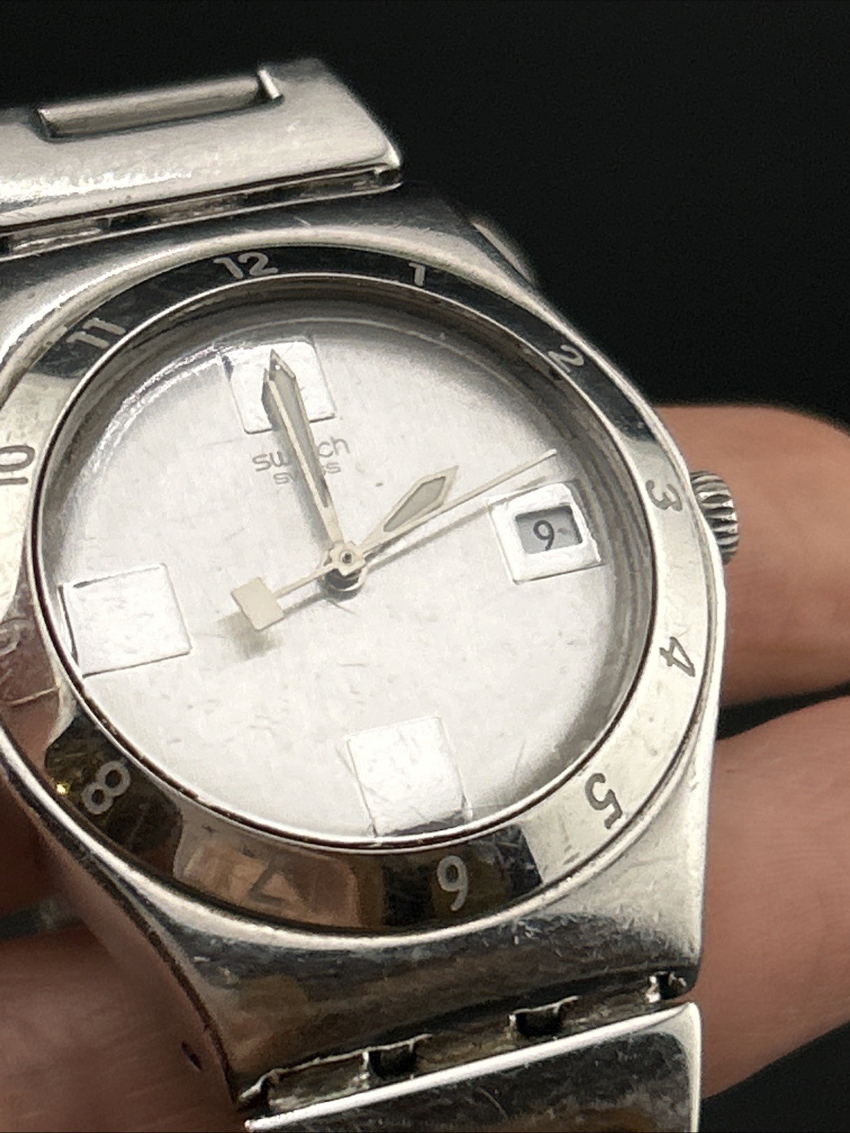 Swatch Irony Swiss Ladies Stainless Steel Watch Running Wristwatch Bezel SS Brac