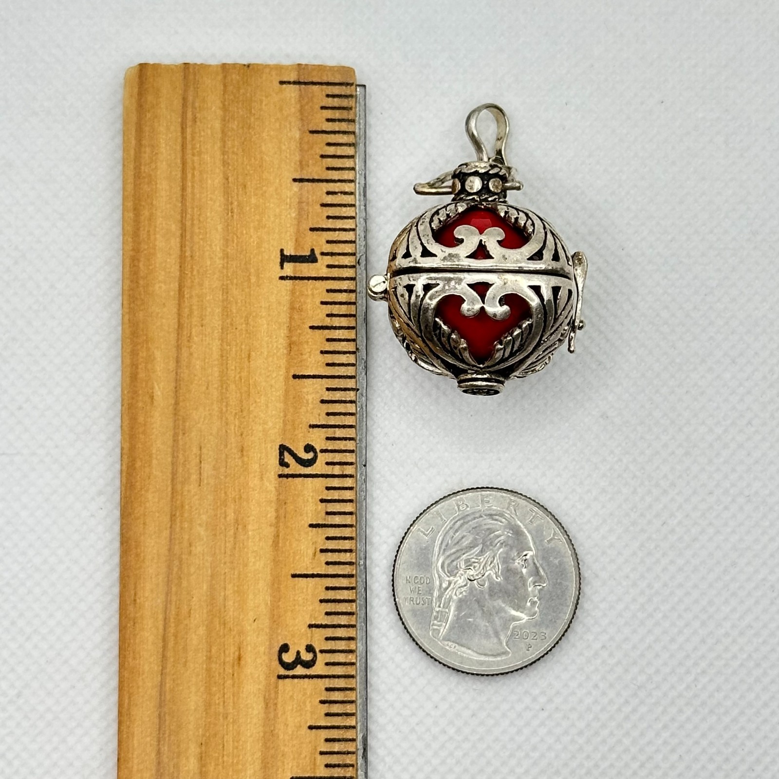 925 Sterling Silver Red Harmony Ball Pendant Cage Locket Chime Vintage
