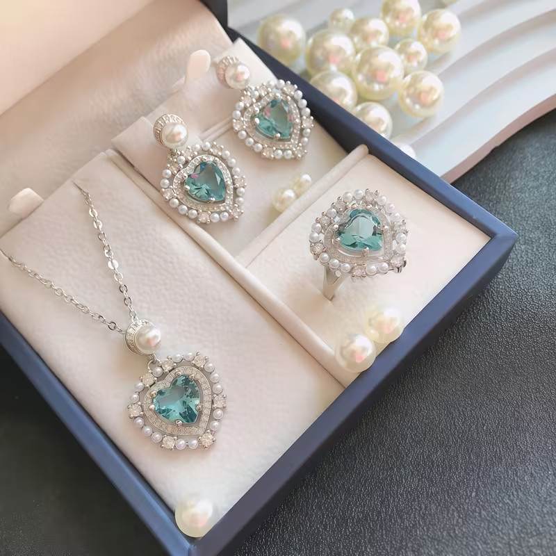 Silvertone Heart Jewelry Set 4 pieces Aquamarine stone