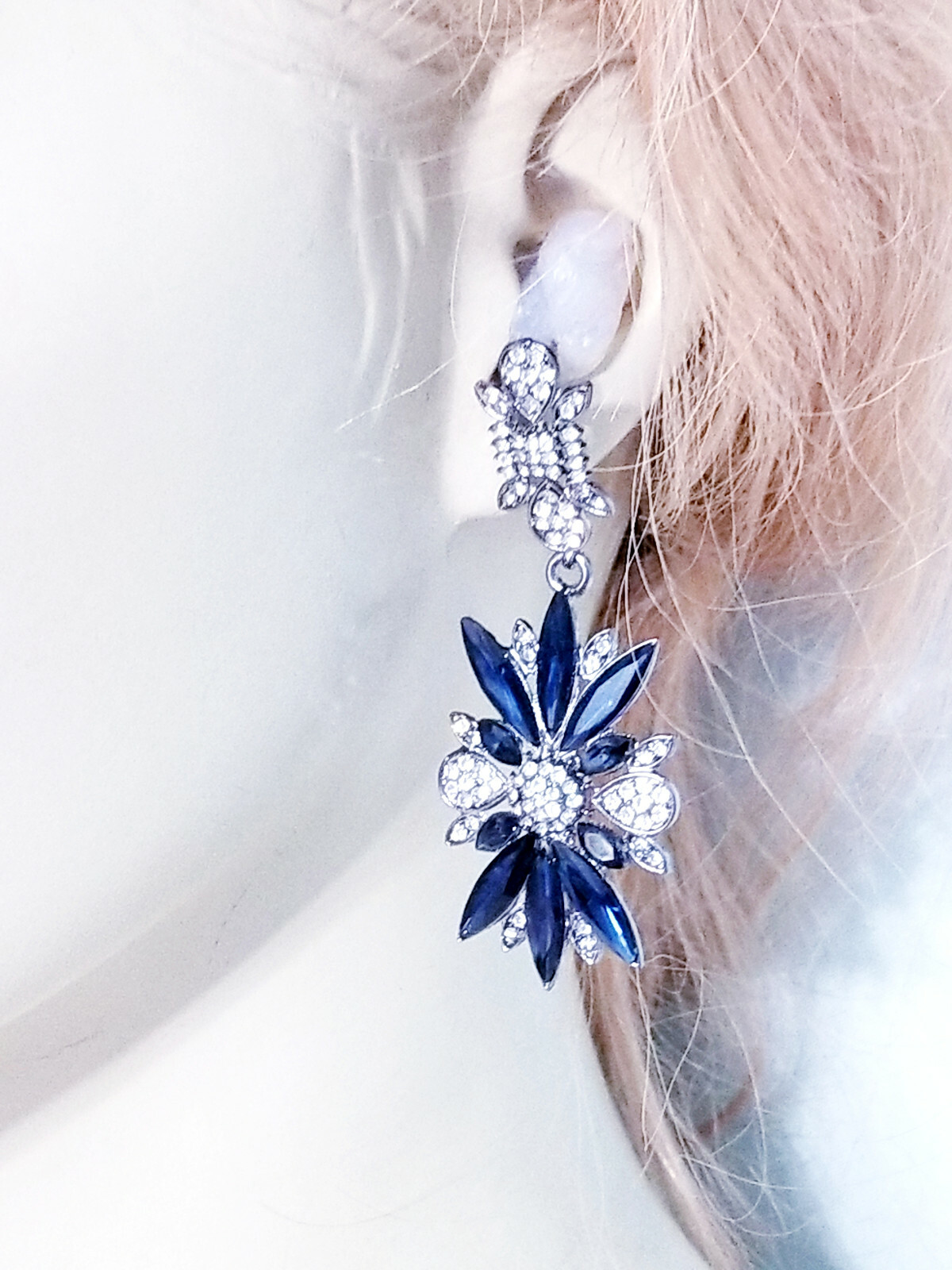 Rhinestone Chandelier Drop Earrings Steampunk Prom Pageant Jewelry 2.8 in Blue