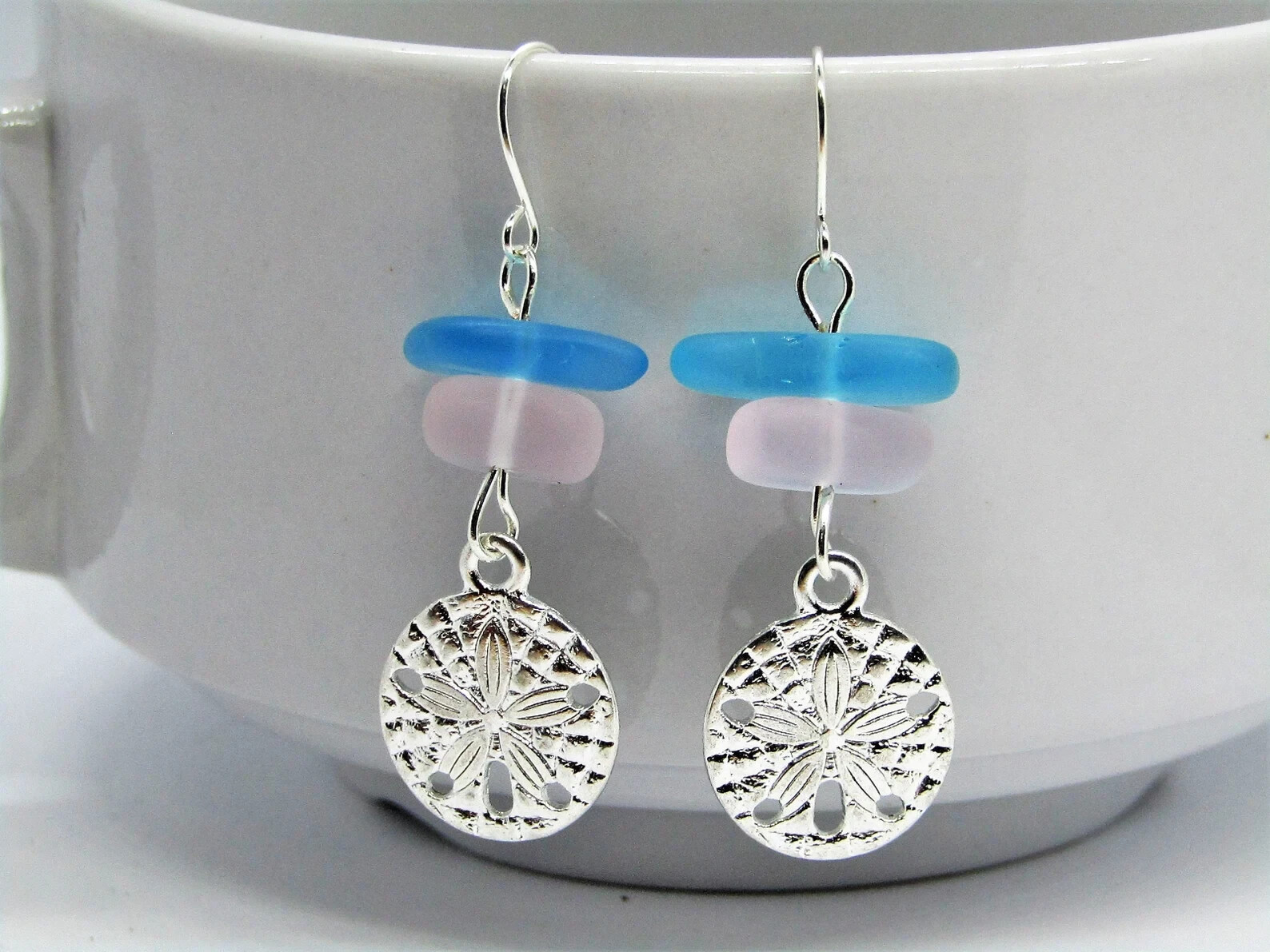 Frosted Pink & Blue Green Sea Glass Beach Stone Pebble Silver Charm SAND DOLLAR