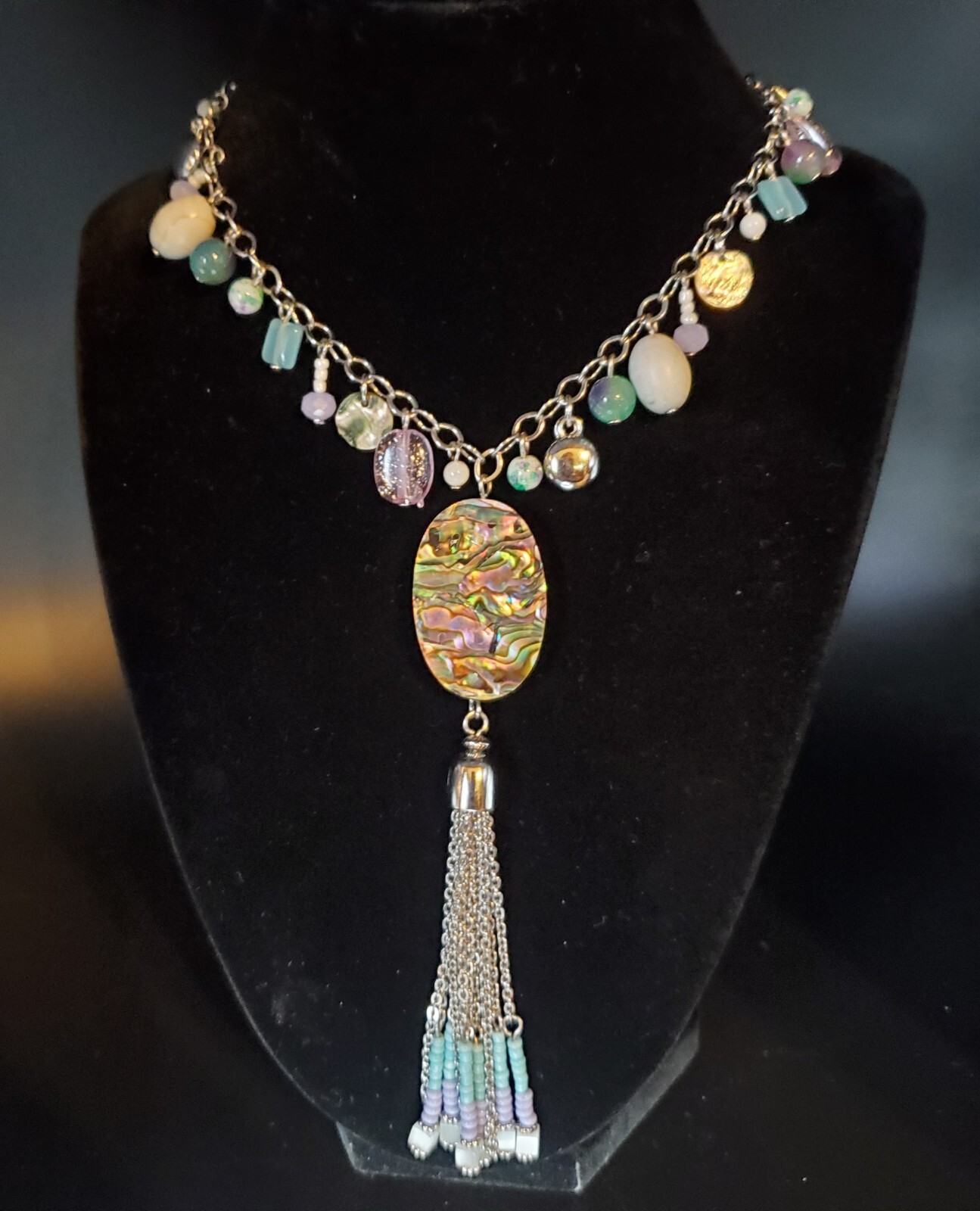 Chico’s Silvertoned Glass & Acrylic Tassel Necklace 33 Inches Adjustable