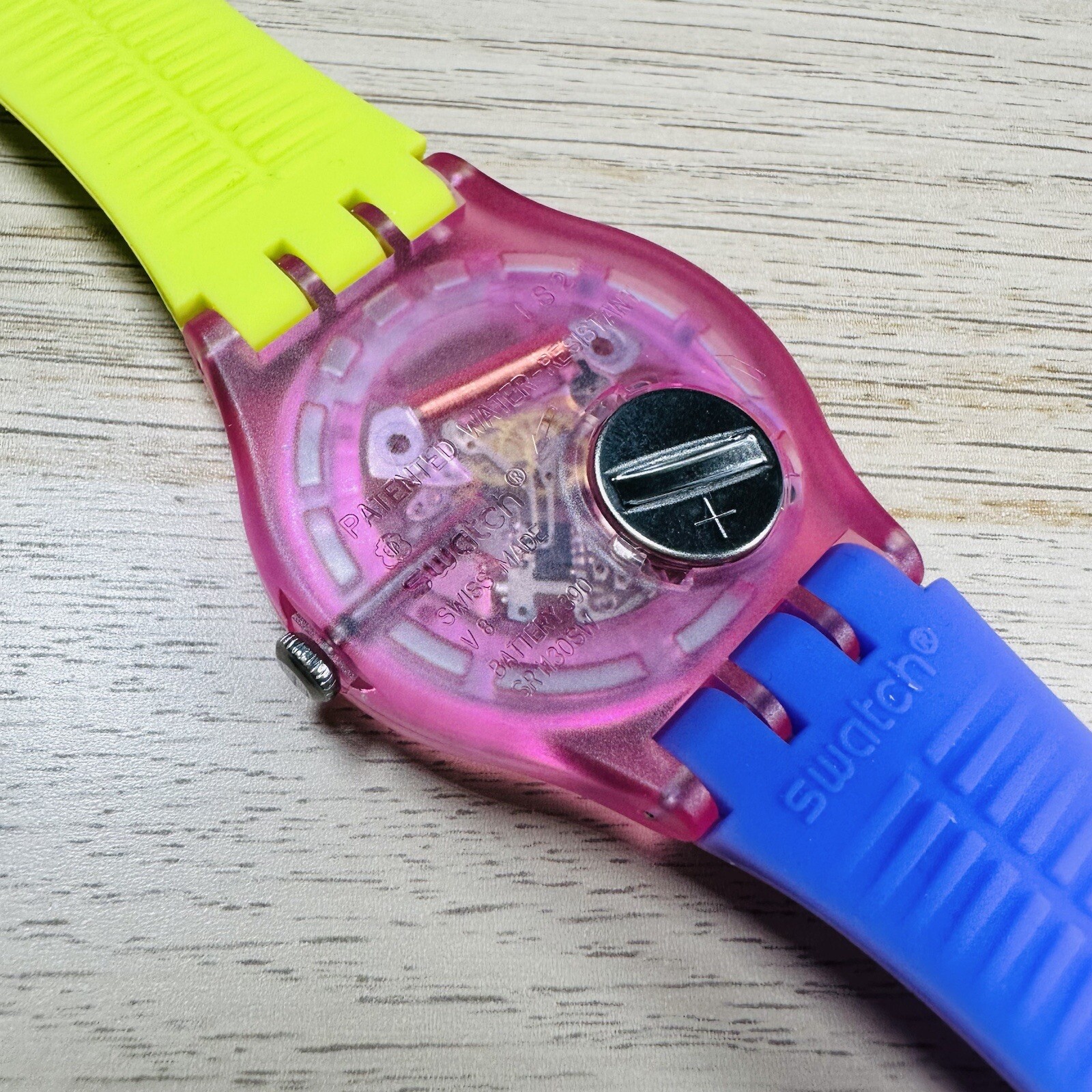 NEW✅ Swatch Dip In Color Orange Skeleton Dial Yellow and Purple Silicone Watch