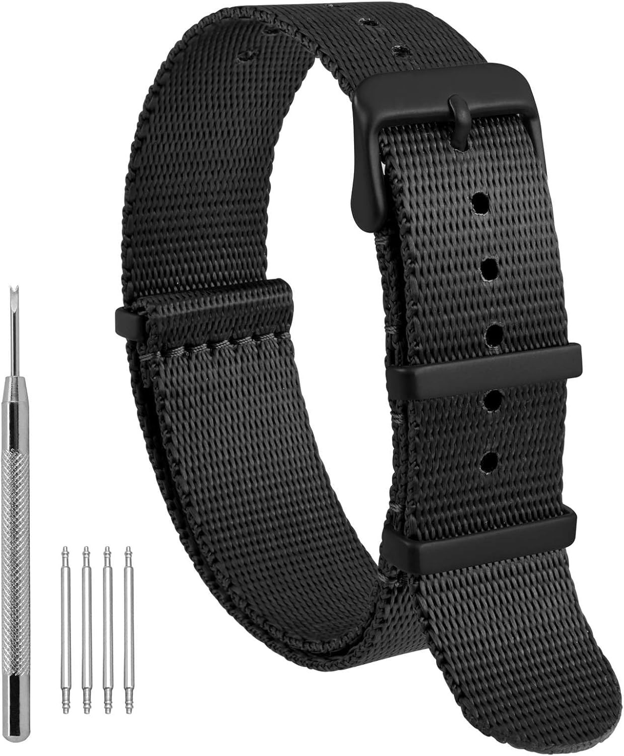 22mm Military Nylon Watch Band – Stylish Black Strap with Stainless Steel Buckle