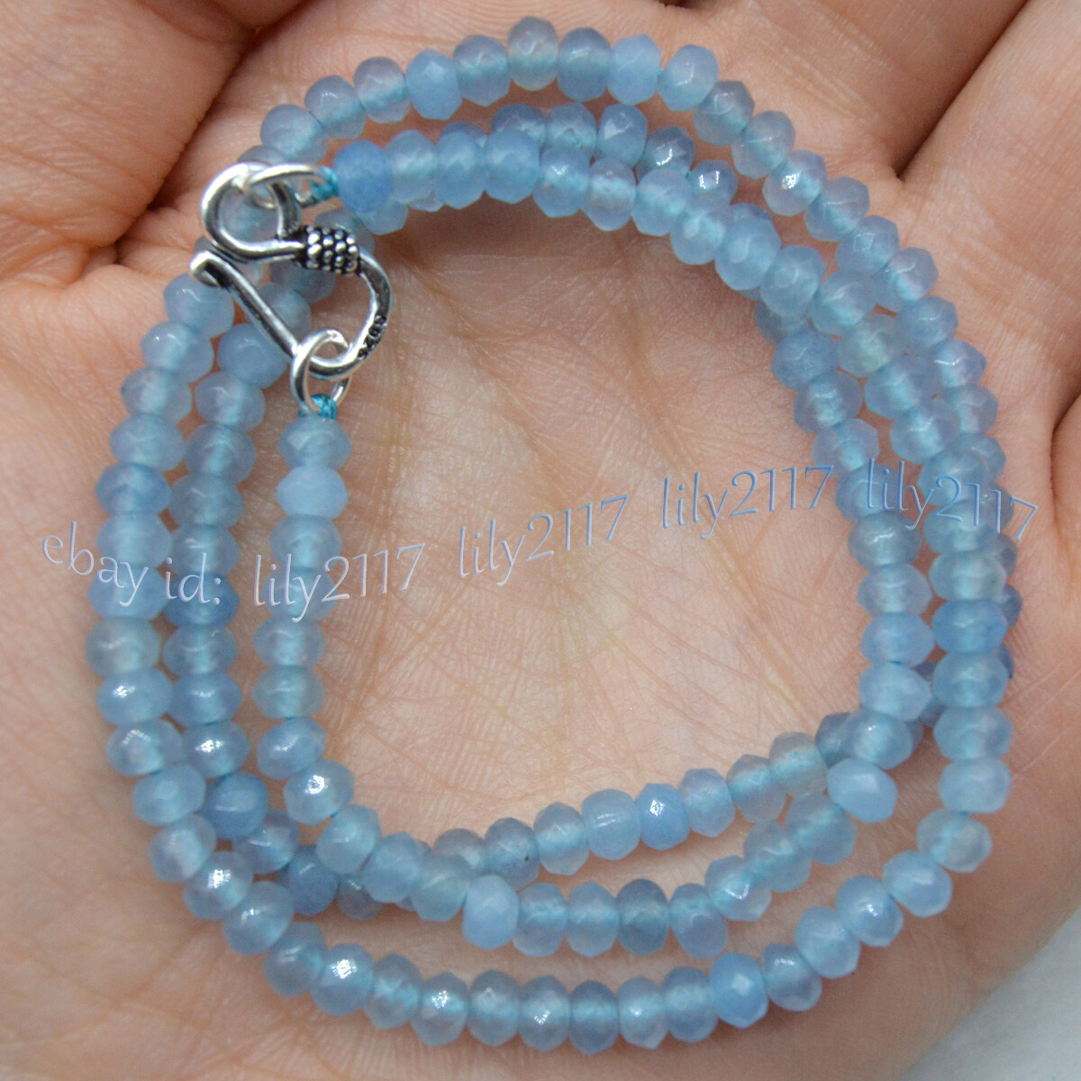 2x4mm Natural Light Blue Jade Faceted Gems Roundel Beads Necklace Silver Clasp