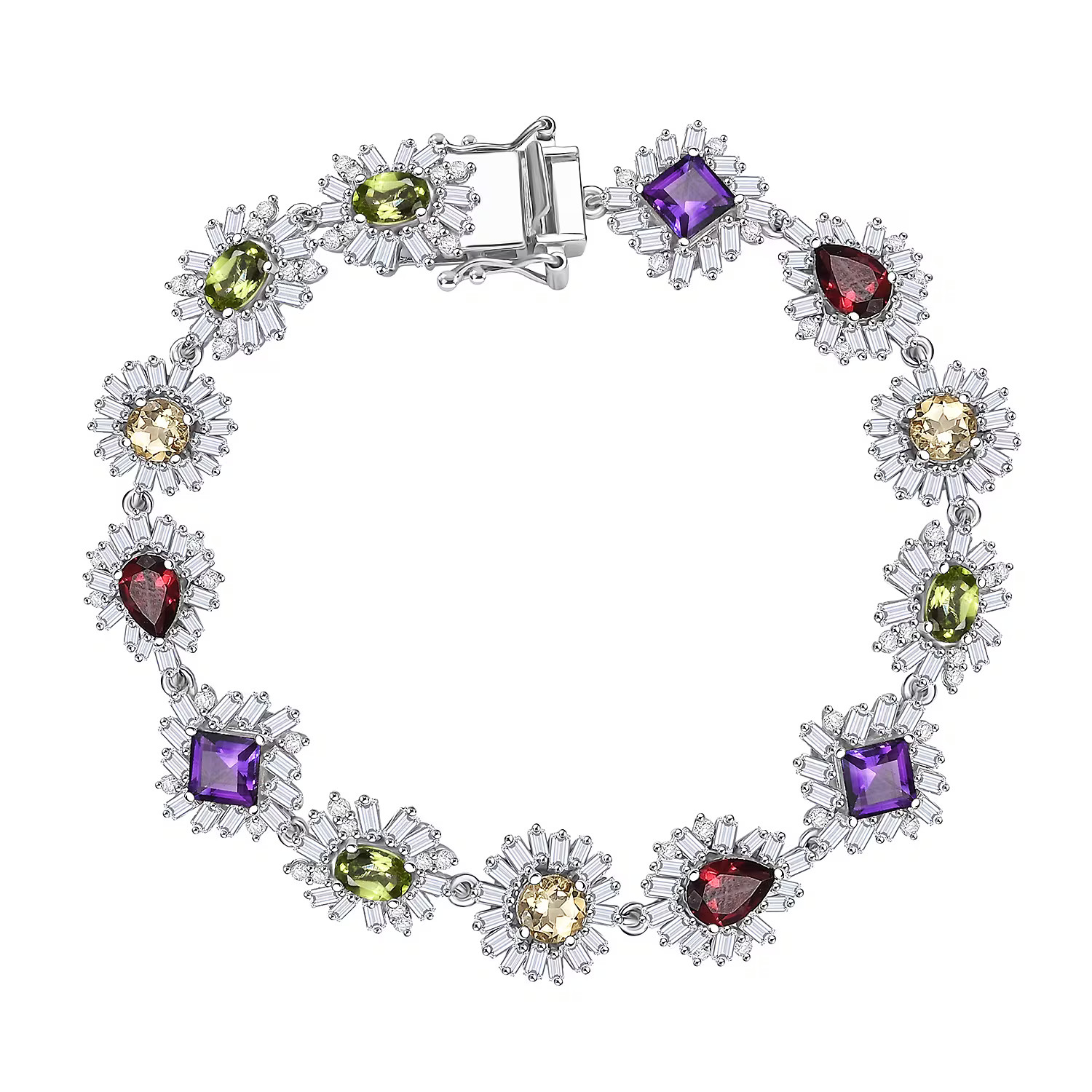 Multi Gemstone 14.10 ctw Bracelet in Rhodium Plated Sterling Silver 7.25 In
