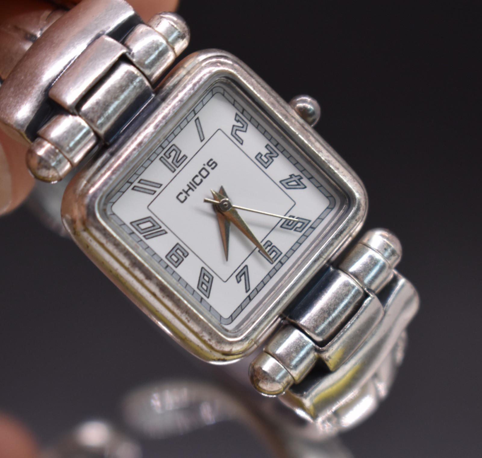 CHICO’S Silver Tone Square Dial Watch Women OX Cuff Bracelet Band NEW BATTERY