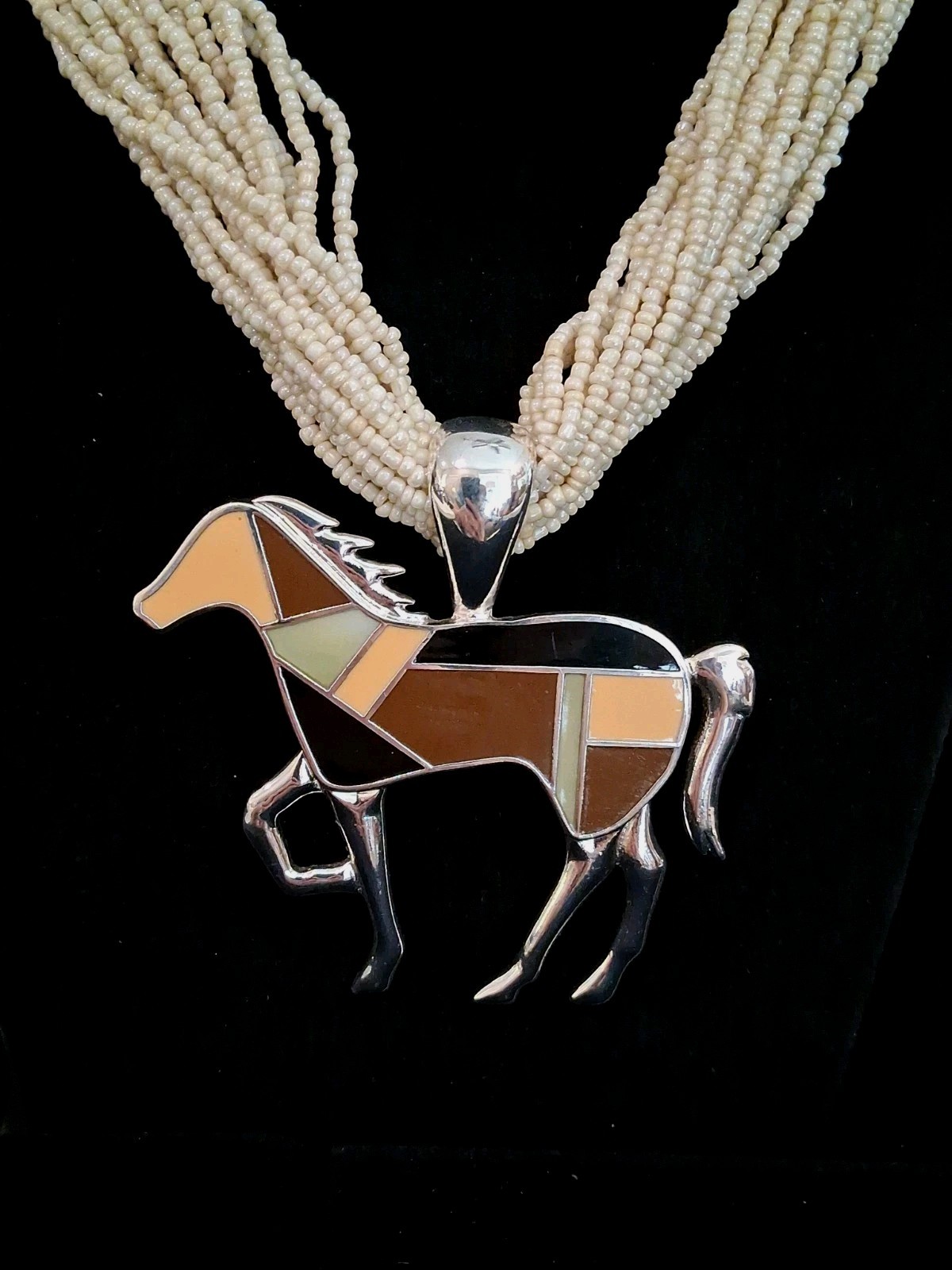 Native Amer. Multicolor Inlay Enamel Horse Pendant On A Multistrand Beaded Chain