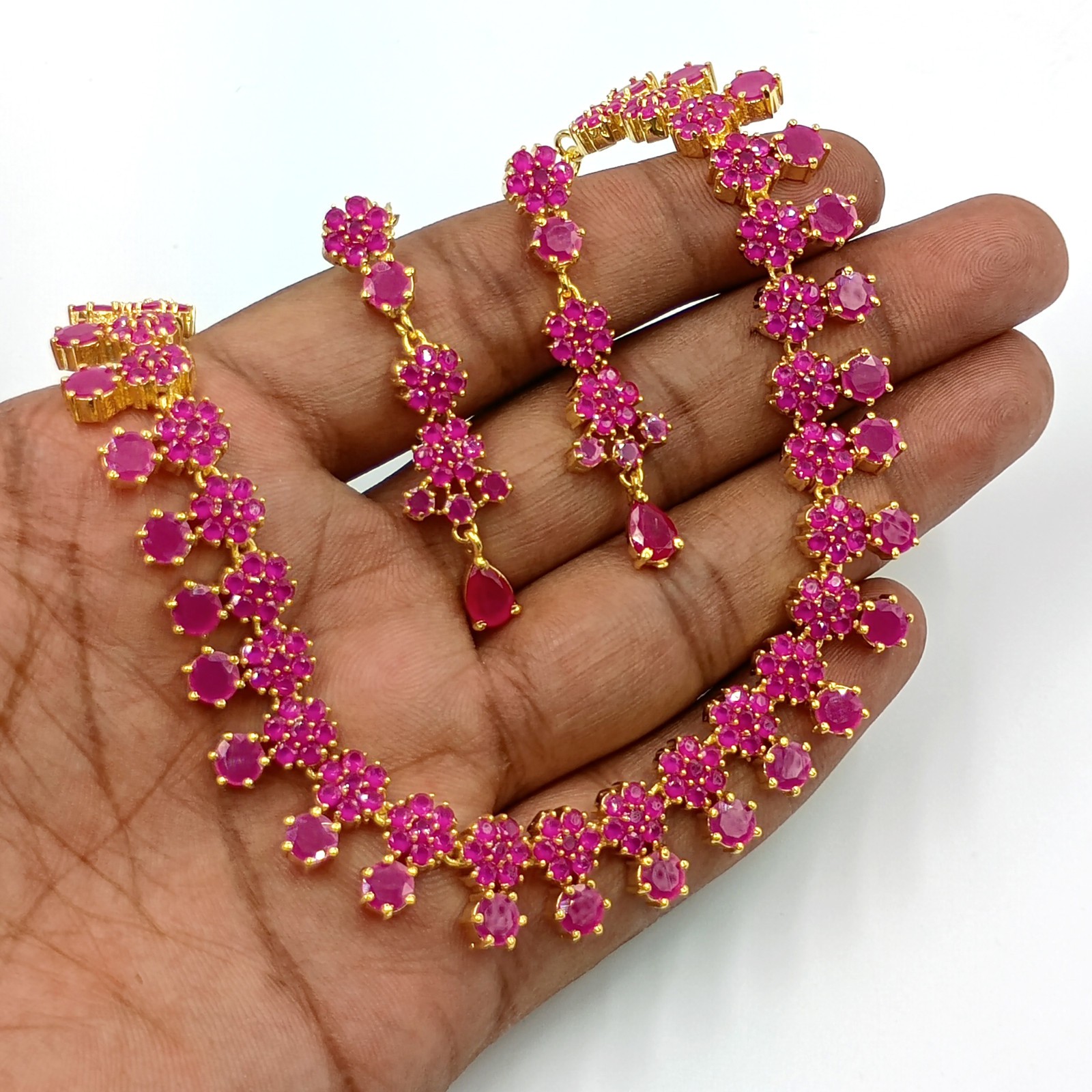 Indian 22k Gold Plated Ruby Floral Statement Necklace Set Wedding Jewelry