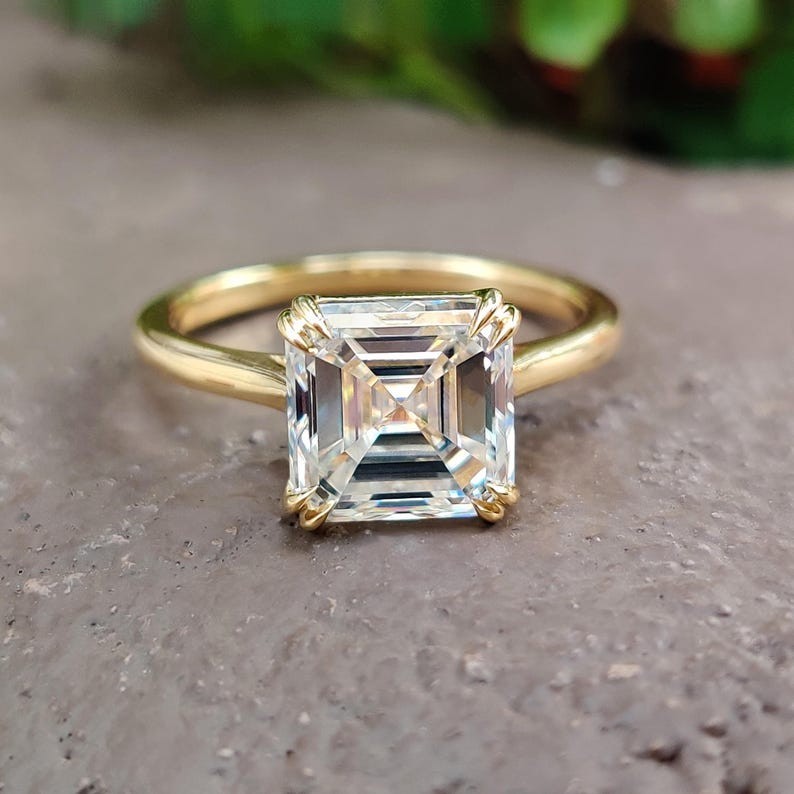 Asscher Cut Moissanite Double Claw Prong 14K Gold Solitaire Engagement Ring